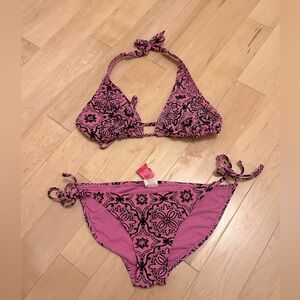 XHILARATION hot pink bikini with black floral print and beading MEDIUM